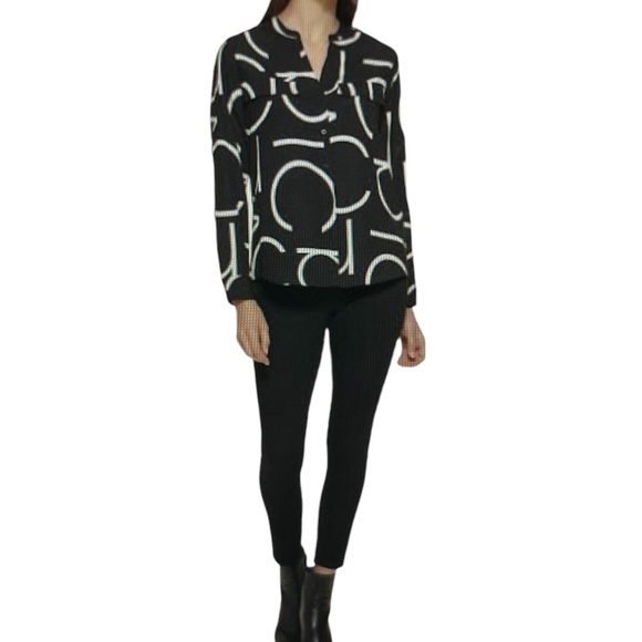 Calvin Klein Black & White long sleeve Logo Button Down Blouse Size; Small - Picture 1 of 7
